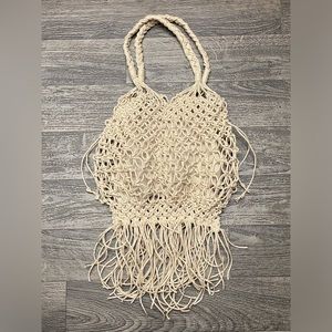 Macrame Market, Hand Bag, wth braided shoulder straps, fringe, and canvas lining